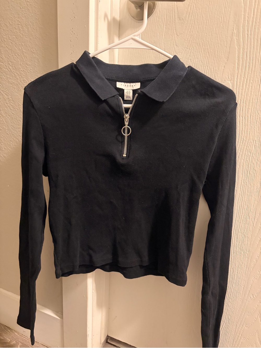 Topshop Black Ribbed Long-Sleeve Polo Zip Top